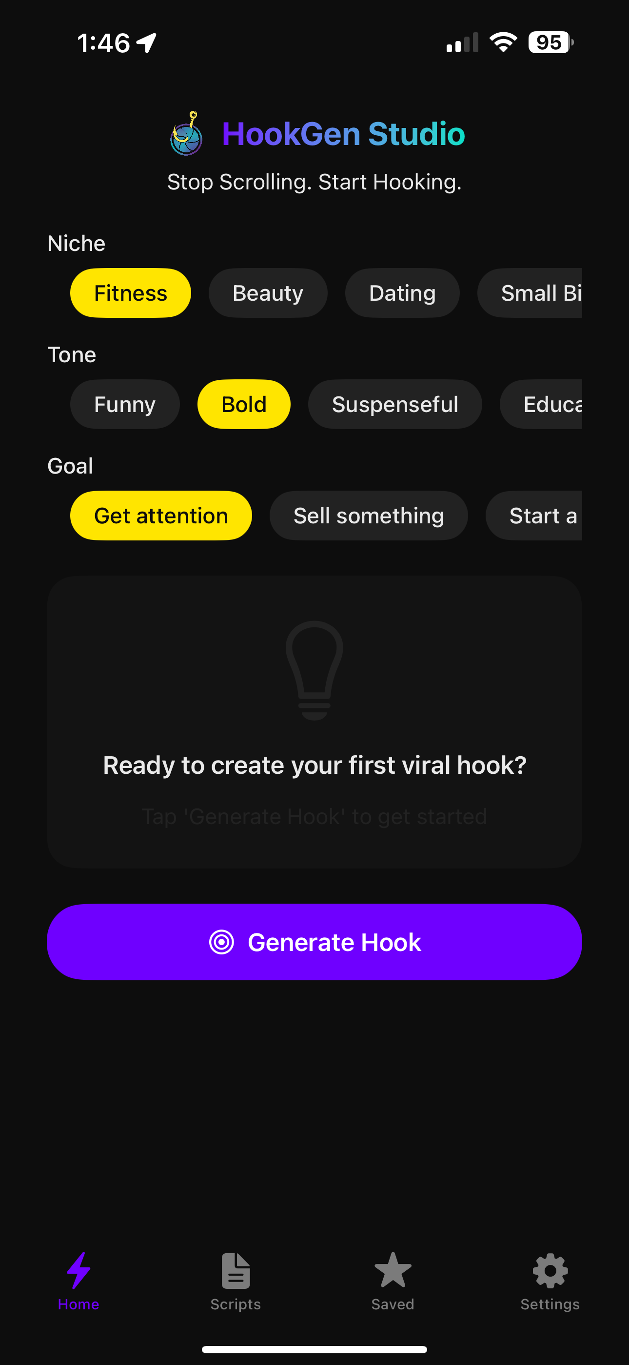 HookGen Studio Homepage with Prompt Generator